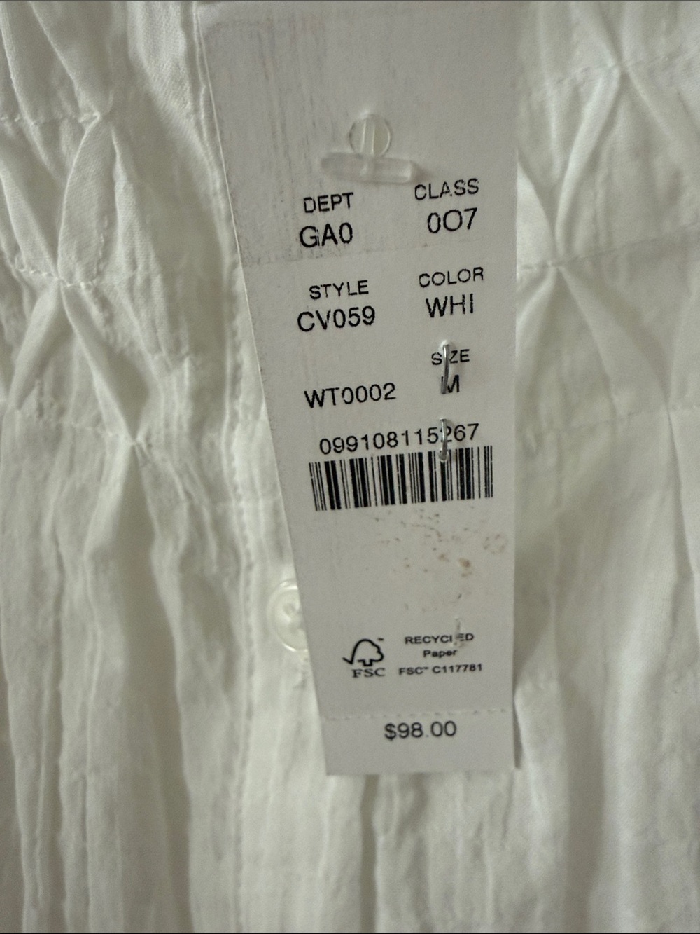 NWT J. Crew White Smocked Button-Front Tank Camisole - Picture 3 of 4